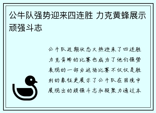 公牛队强势迎来四连胜 力克黄蜂展示顽强斗志